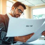 Contractor analyzing das 140 contract award documents in a professional office.