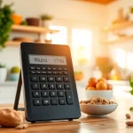 Use the macro calculator to personalize your dietary needs with a vibrant healthy kitchen backdrop.