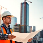 New York City construction manager reviewing plans on an urban building site with cranes.