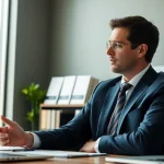 Environmental lawyer engaged in negotiations at a sleek office desk, showcasing professionalism.