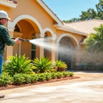Soft wash cleaning process on a home in Kissimmee, showcasing eco-friendly practices and expert service.