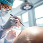 Hair transplant procedure showcasing a dedicated surgeon in a clean clinic environment.