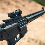 Shooting an AR 15 binary trigger with precision at a sunny outdoor range.