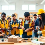 Students at construction trade schools in texas engaged in hands-on learning with tools.