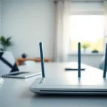 Setup a VPN router UK in a modern office, showcasing features and technology.