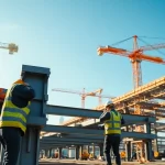 Structural steel construction workers skillfully assembling beams at a construction site.