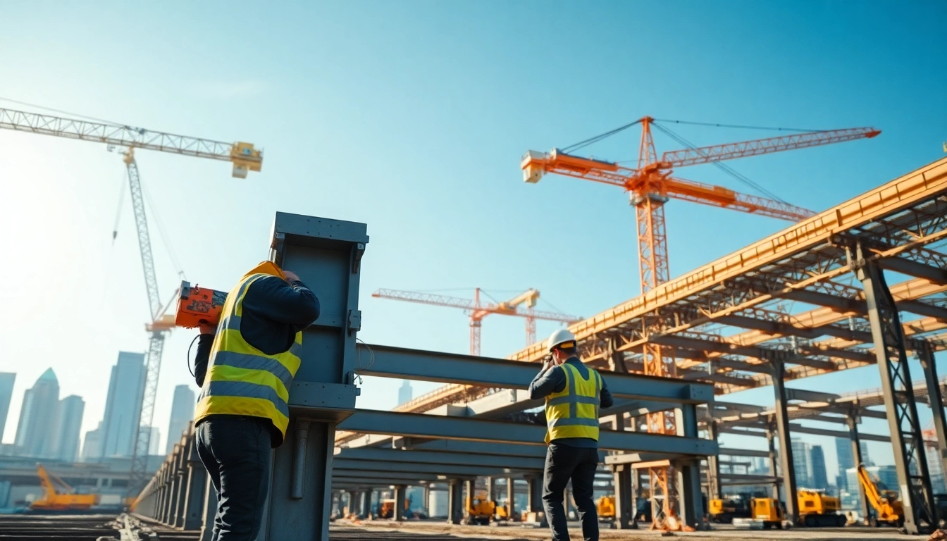 Structural steel construction workers skillfully assembling beams at a construction site.