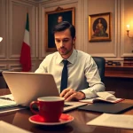 Traducteur assermenté italien travaillant dans un bureau élégant avec des documents juridiques et un ordinateur portable.