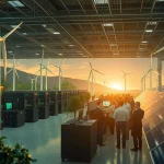 Scene depicting the future of cluod mining with renewable energy sources, showcasing a modern facility.
