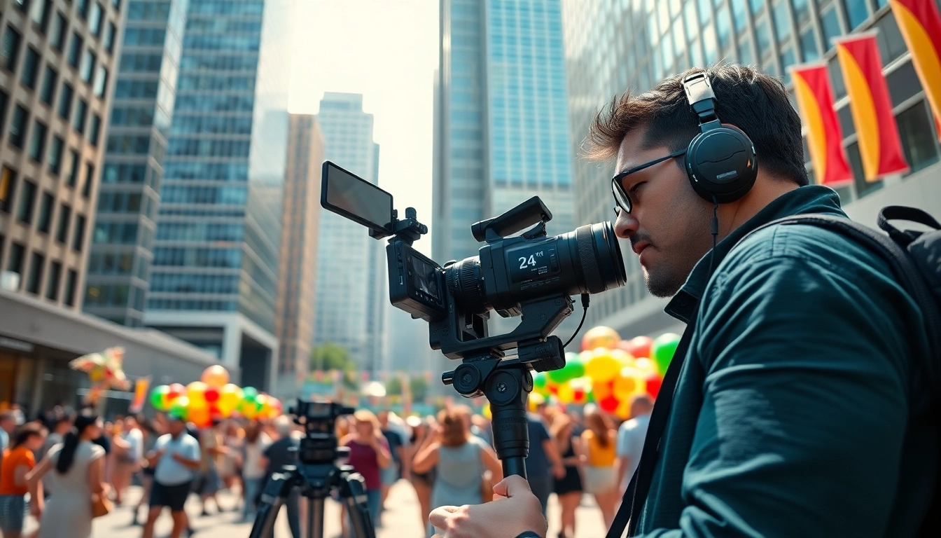 Videographer capturing an event in a vibrant urban setting with professional equipment.