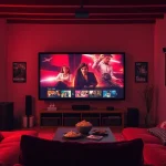 Enjoy filme online subtitrate in a cozy home theater setup with ambient lighting.