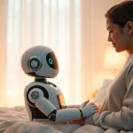 AI sex: A human and an AI robot sharing an intimate moment in a modern bedroom, showcasing companionship.