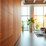 Enhance your space with acoustic wood panels, showcasing textured elegance in a modern office setting.