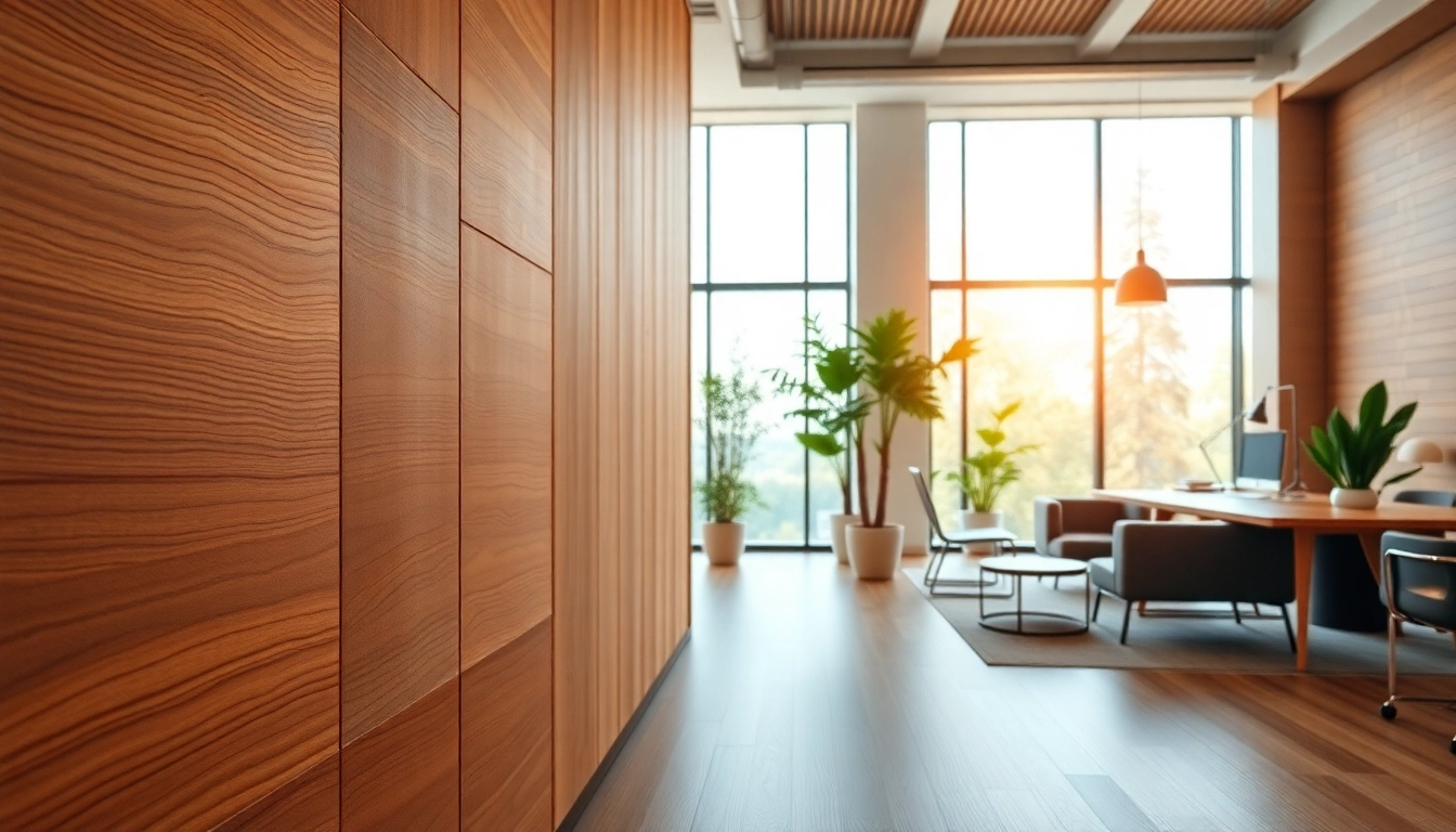 Enhance your space with acoustic wood panels, showcasing textured elegance in a modern office setting.