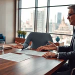 Consultation with a real estate lawyer in a modern office, displaying professionalism and expertise.