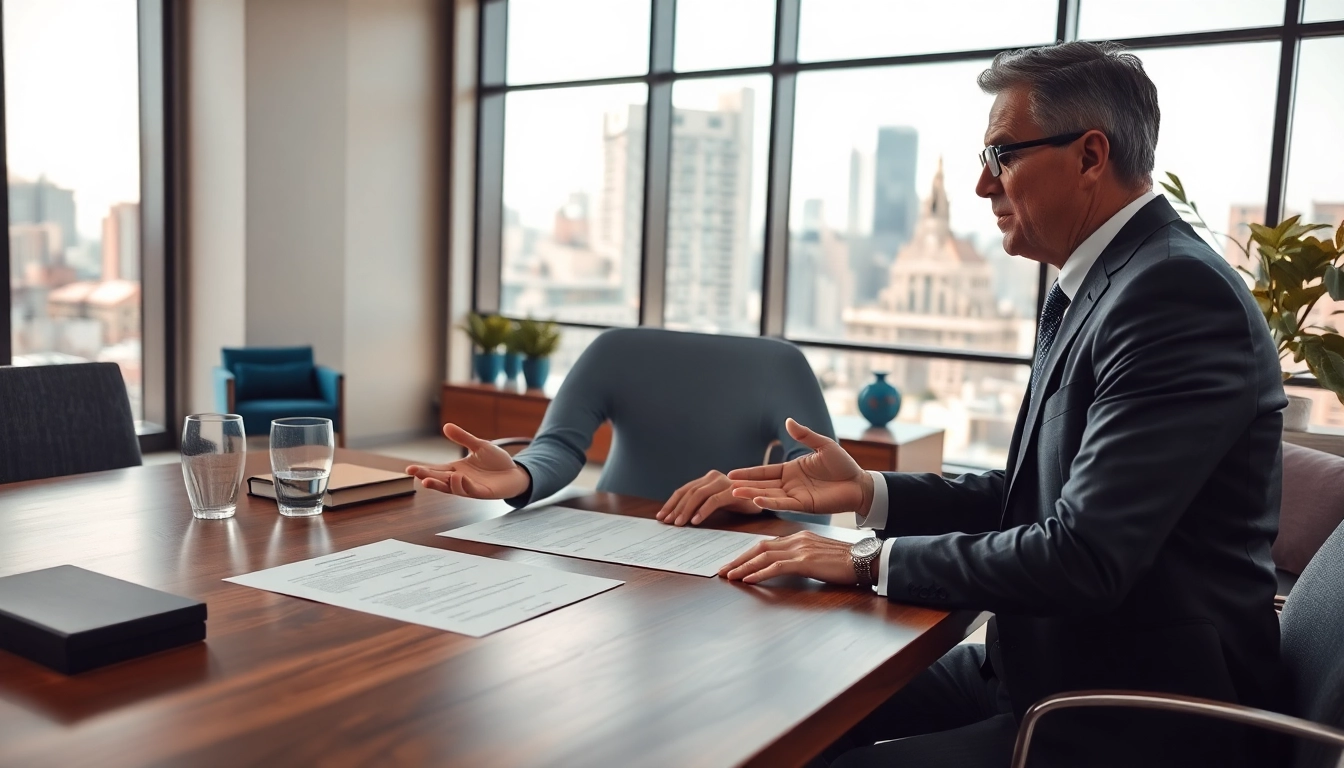 Consultation with a real estate lawyer in a modern office, displaying professionalism and expertise.