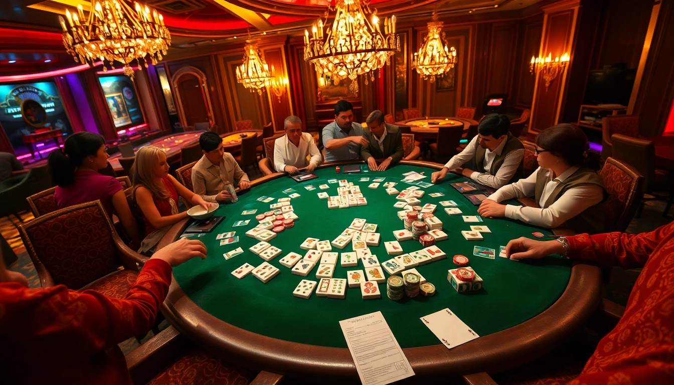 Players enjoy link mahjong at a luxurious casino table, surrounded by glamour and excitement.