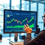 Acheter bitcoin sur un écran d'ordinateur avec un graphique Bitcoin et un trader concentré.
