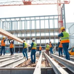 Workers engaged in structural steel installation, showcasing teamwork and precision at a construction site.