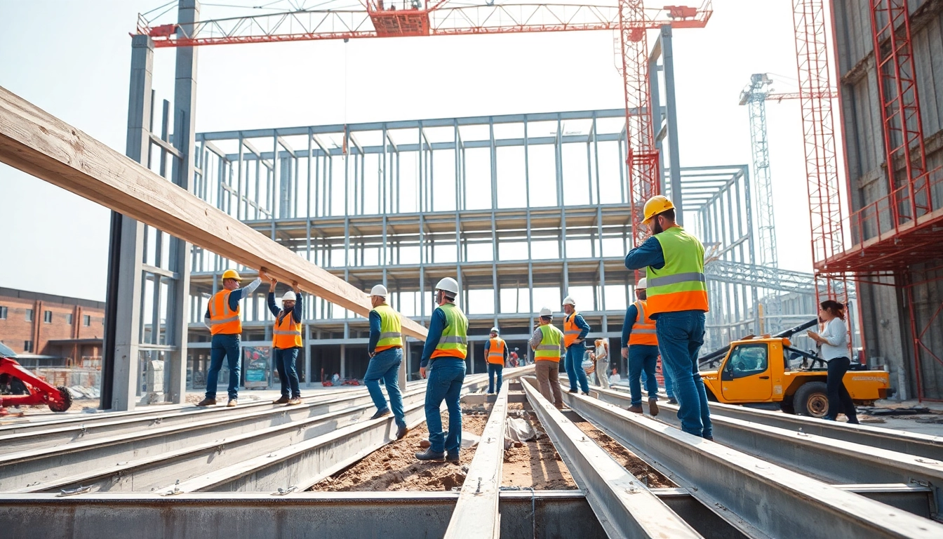 Workers engaged in structural steel installation, showcasing teamwork and precision at a construction site.
