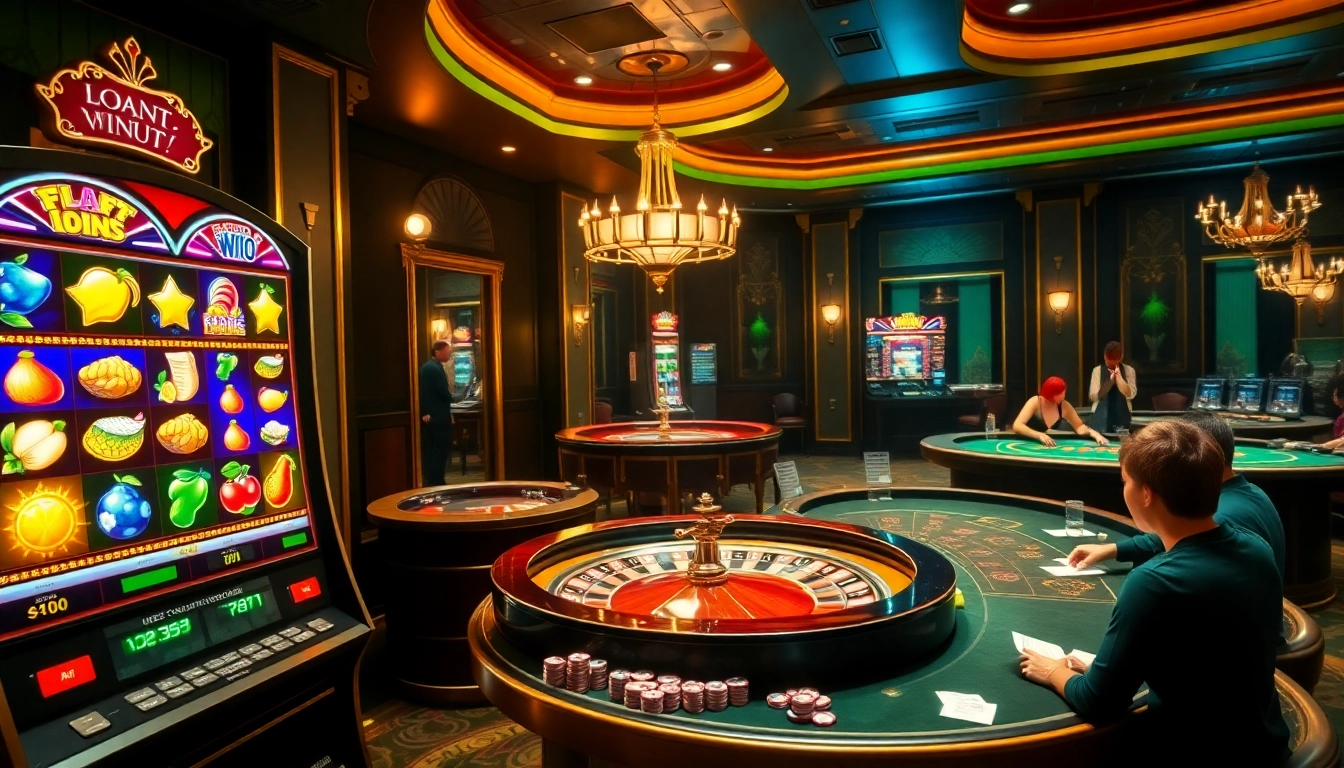Exciting casino scene with a winning onicplay slot machine and poker tables, evoking thrill and luxury.