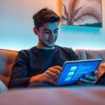 A cozy digital lounge showcasing a young adult engaging in ai sex chat on a tablet, highlighting technology and intimacy.