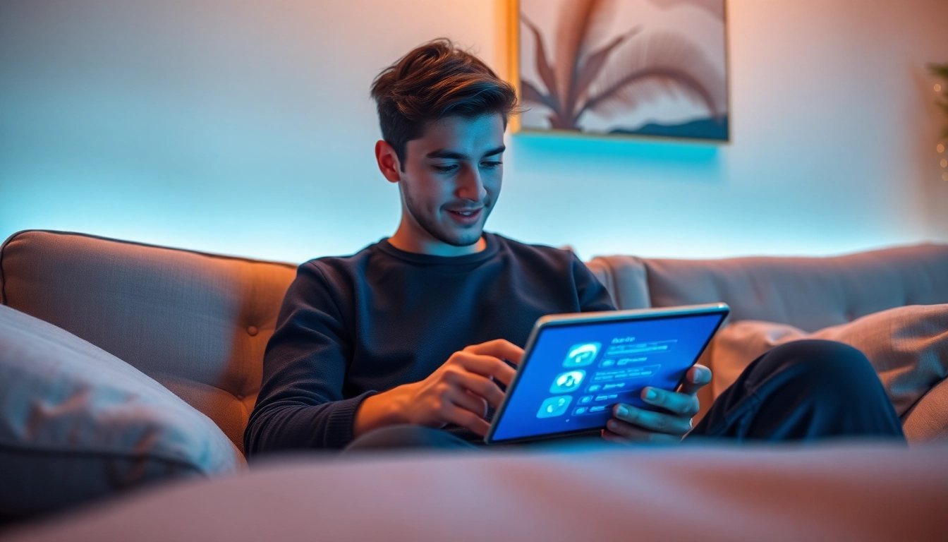 A cozy digital lounge showcasing a young adult engaging in ai sex chat on a tablet, highlighting technology and intimacy.