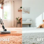 Engaging pet odor carpet cleaning scene with a technician transforming a carpet.