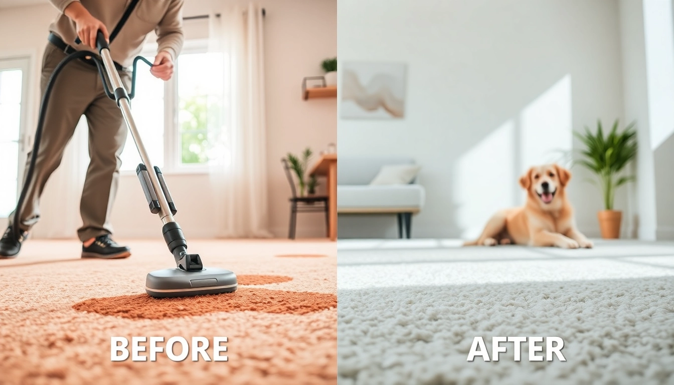 Engaging pet odor carpet cleaning scene with a technician transforming a carpet.