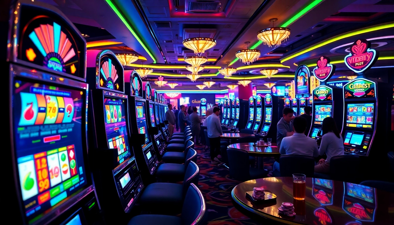 Permainan slot depo 1k dengan mesin slot berwarna-warni dan suasana kasino yang ramai.