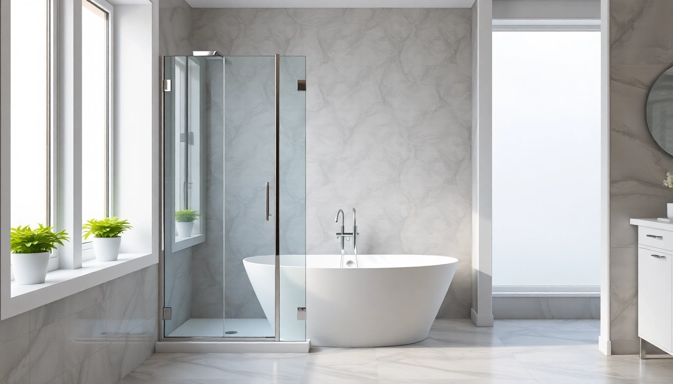 Admire elegant shower doors complemented by sleek fixtures in a modern, stylish bathroom.