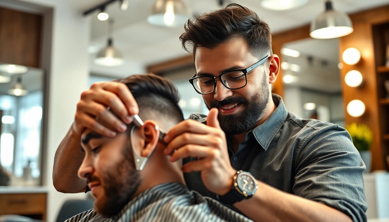 Frizer Craiova shaping hair with expert skill in a lively salon atmosphere.