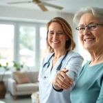 Caregiver providing senior care austin tx with compassion in a warm living room