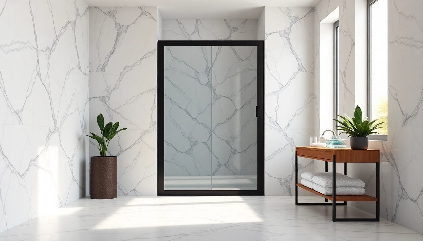 Elegant shower door black frame enhancing a modern bathroom design with natural light.