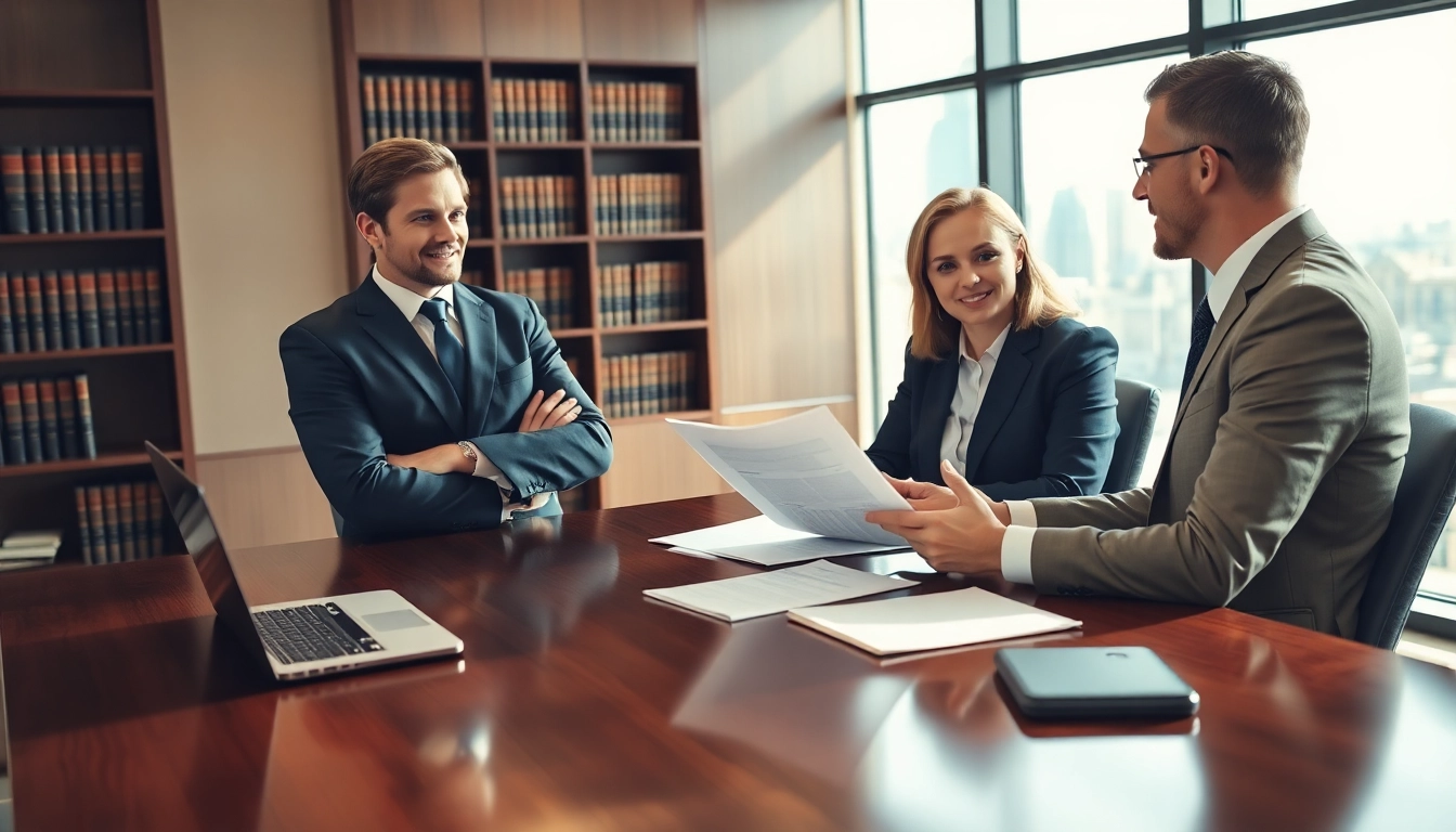 Eminent domain lawyer discussing legal details with a client in a modern office.