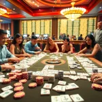 Players engage in a competitive match at a mahjong table, showcasing link mahjong tiles amid a vibrant casino backdrop.