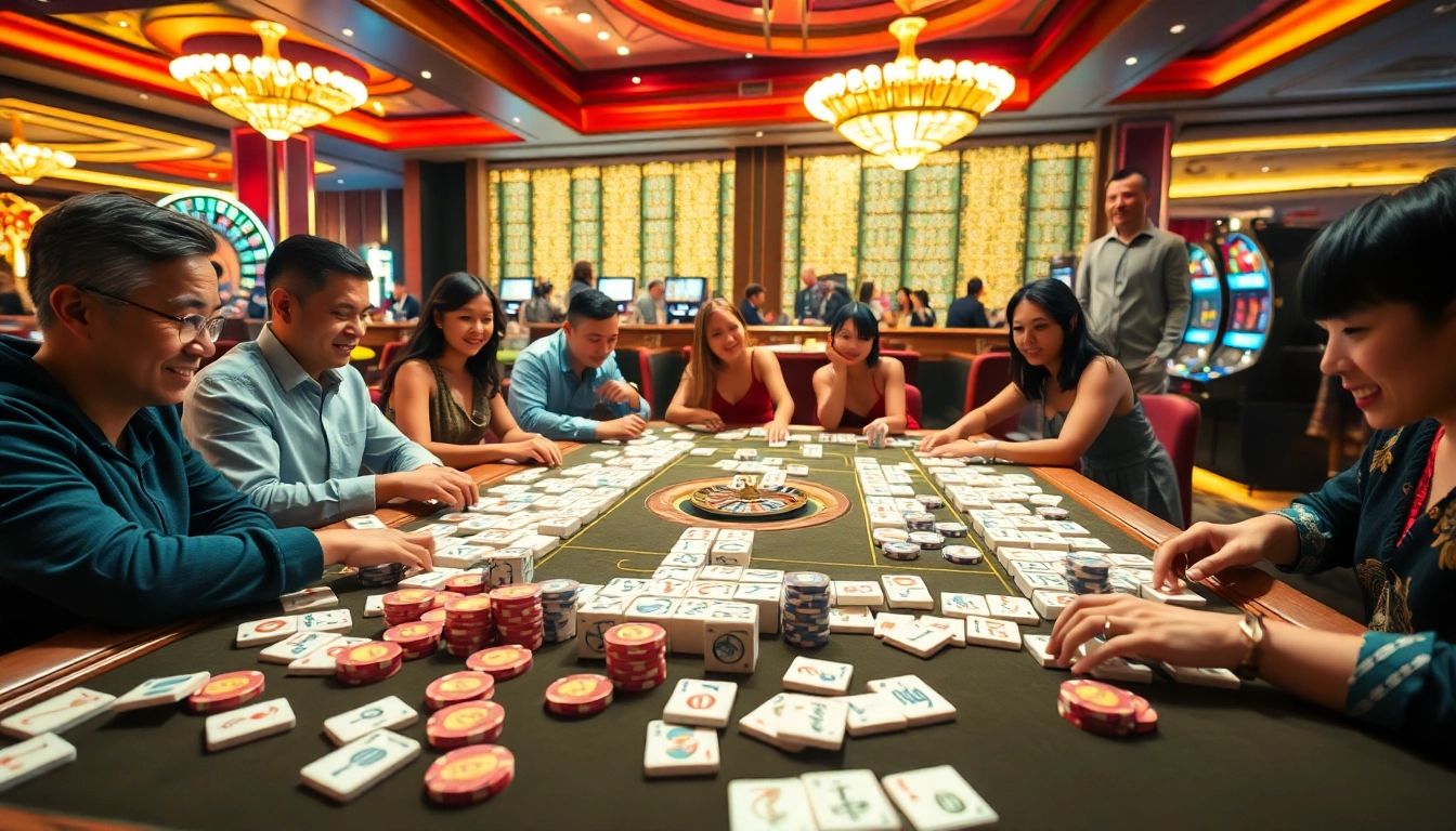 Players engage in a competitive match at a mahjong table, showcasing link mahjong tiles amid a vibrant casino backdrop.