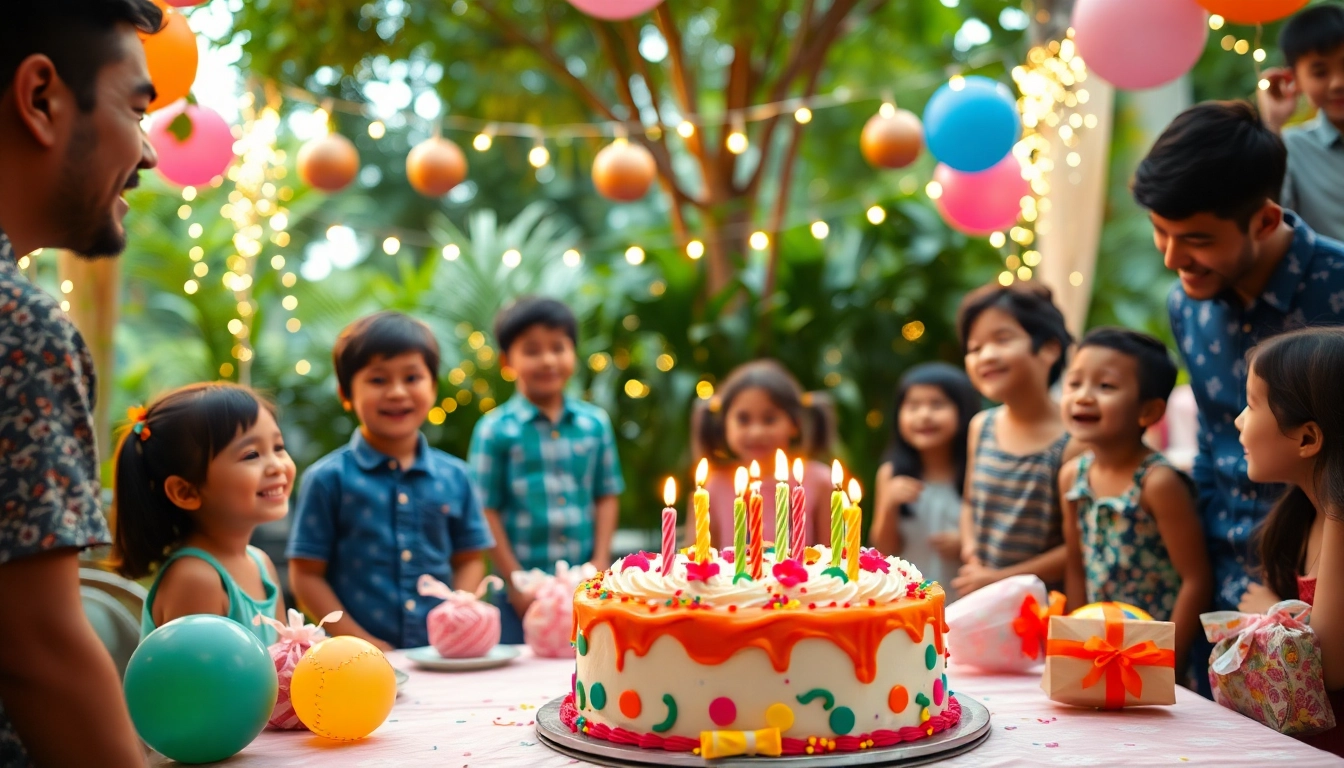 Celebrate a Singapore birthday party with vibrant decorations and joyful attendees enjoying the festivities.