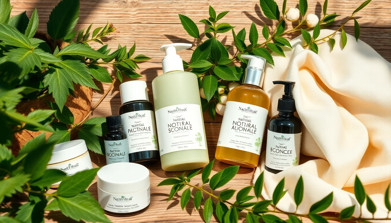 Naudojant natūrali kosmetika, patrauklūs ir švarūs produktai su žalumos akcentais.