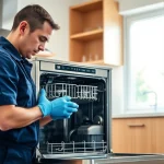 Expert technician conducts BOSCH dishwasher repair in a modern kitchen setting.