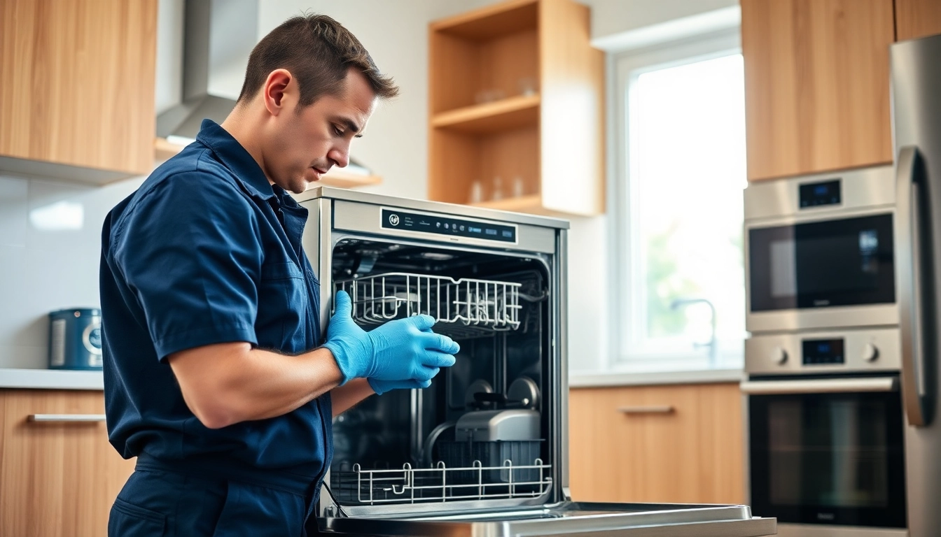 Expert technician conducts BOSCH dishwasher repair in a modern kitchen setting.