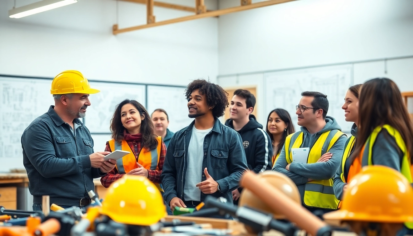 Engaged students in construction training programs learning with tools and safety gear in a workshop.