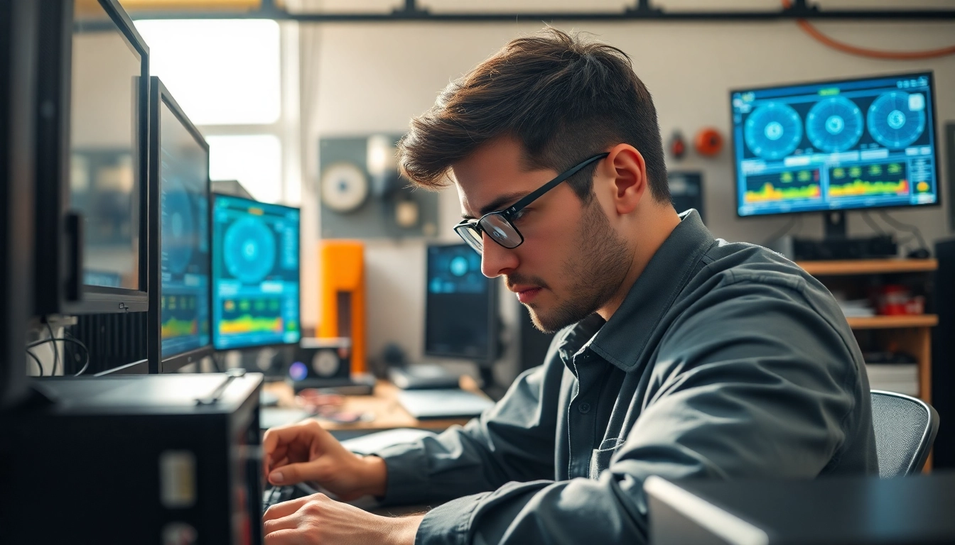 Expert performing computer repair at a workstation filled with tools and components.