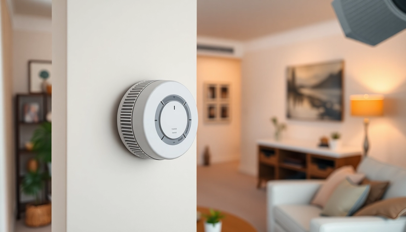 Carbon monoxide detector beeping alerting residents in a cozy, modern home setup.