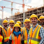 Austin construction site showcasing diverse workers collaborating on a building project.