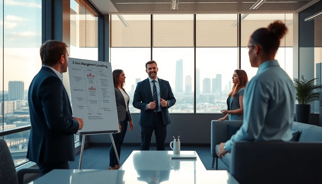 Engaged crisis management consultant leading a team discussion in a modern office setting.
