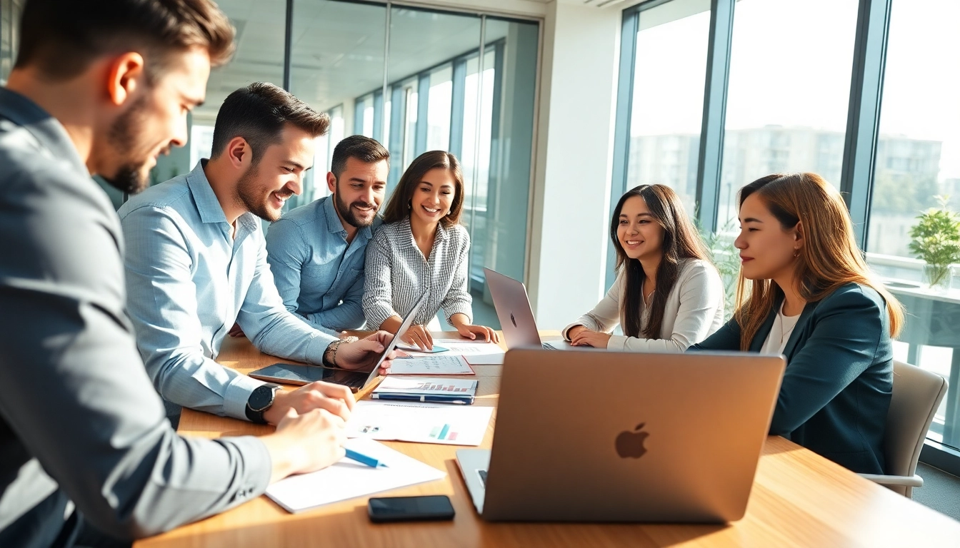 Team collaborating on Social Media Marketing strategies in a modern office setting.