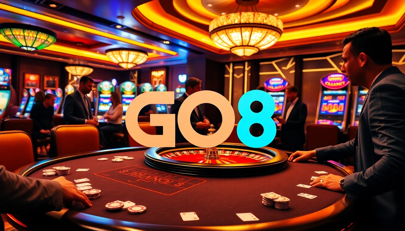 Exciting poker gameplay at GO8 casino, featuring vibrant chips and a roulette wheel.