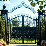 Enchanting custom steel gates framing a vibrant garden, showcasing intricate design and elegance.