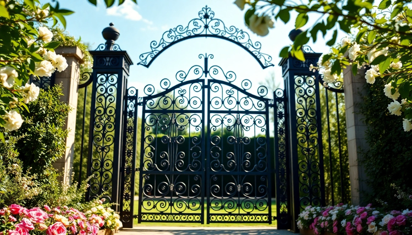 Enchanting custom steel gates framing a vibrant garden, showcasing intricate design and elegance.